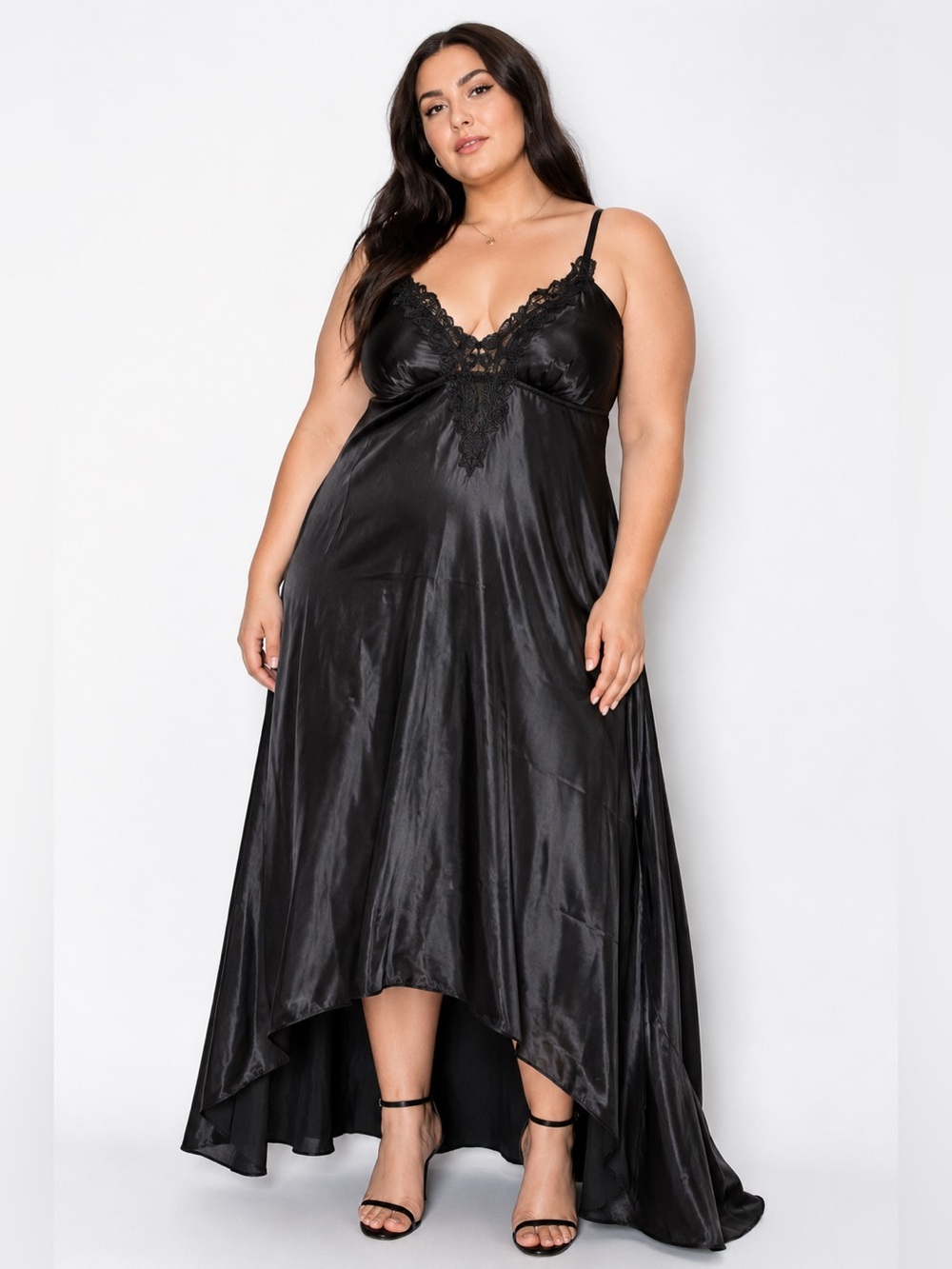Y2K Vintage Flora Embroidered Lace Bust High Low Maxi Slip Dress (Black) Size 1X